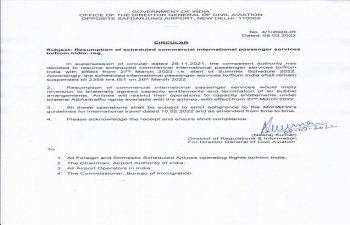 Scheduled commercial international passenger services to/from India to resume from 27 March, 2022.