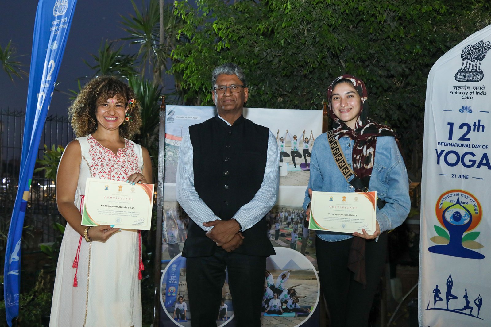 Ambassador Suresh Redday with the winners of Embassy's (Your Favourite Photo of You Doing Yoga) competition