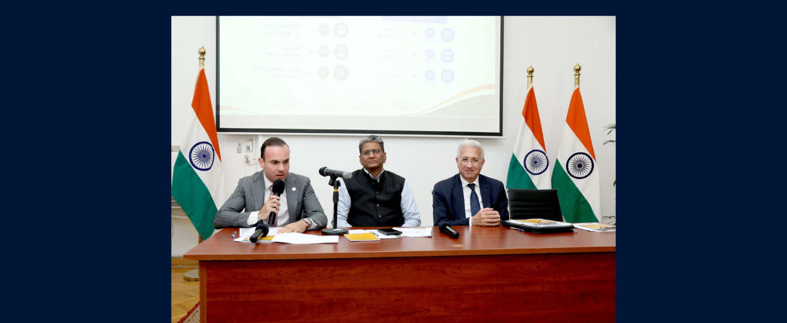 Ambassador Suresh Reddy, Ambassador M. Hegazy and Chairman of EJB M. Abu Basha addressing the India-Africa Press Breifing (May 6, 2026)