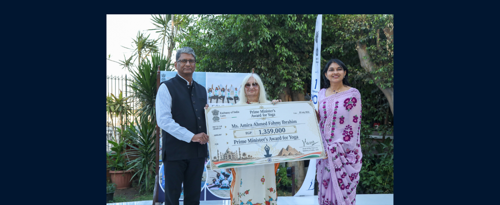 Ambassador Suresh Reddy and Mrs. Sneha Reddy with Ms. Amira Fahmy, recipient of PM's Award for Outstanding Contribution to the Promotion and Development of Yoga 2025- Yoga event at the Embassy