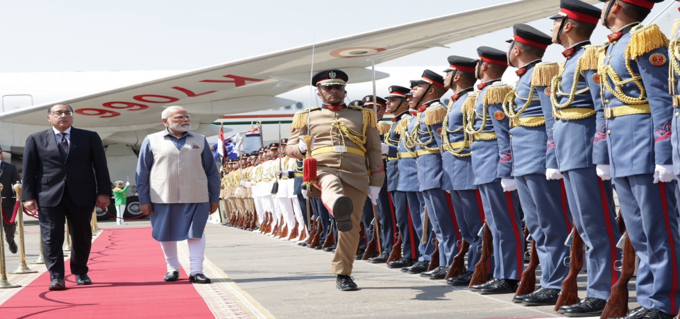 Prime Minister Shri Narendra Modi arrived in Cairo on his first State visit to Egypt received by H.E. Mr. Mostafa Madbouly, Prime Minister of Egypt at the airport